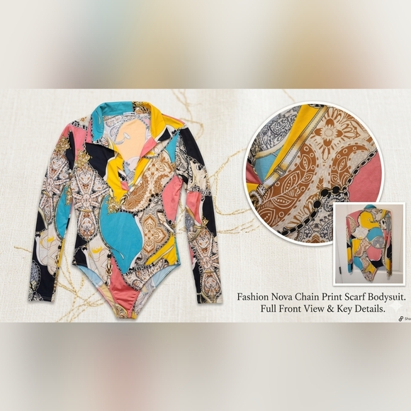 Fashion Nova Tops - Fashion Nova Chain Print Scarf Bodysuit-long Sleeve-vibrant-multi Size M